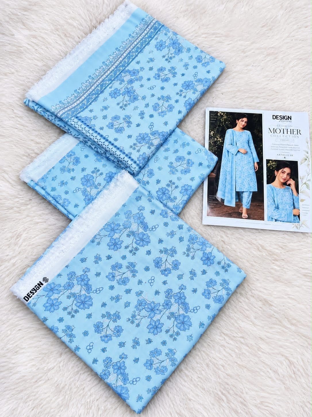 Pastel Printed Airjet Karandi - 3-Piece Unstitched Collection; Sky Blue, actual fabric and design detail.