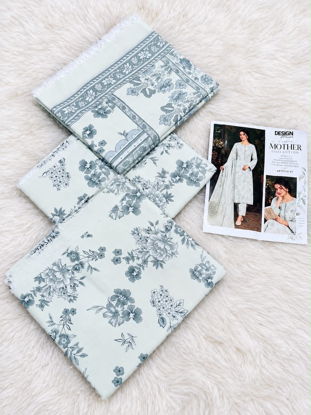 Pastel Printed Airjet Karandi - 3-Piece Unstitched Collection; Grey, actual fabric and design detail.