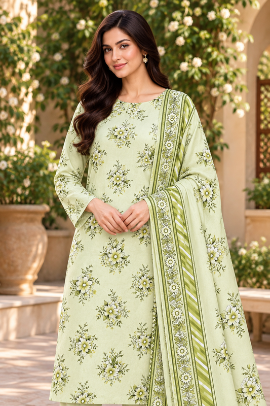 Front styling view of the pistachio floral Karandi article.