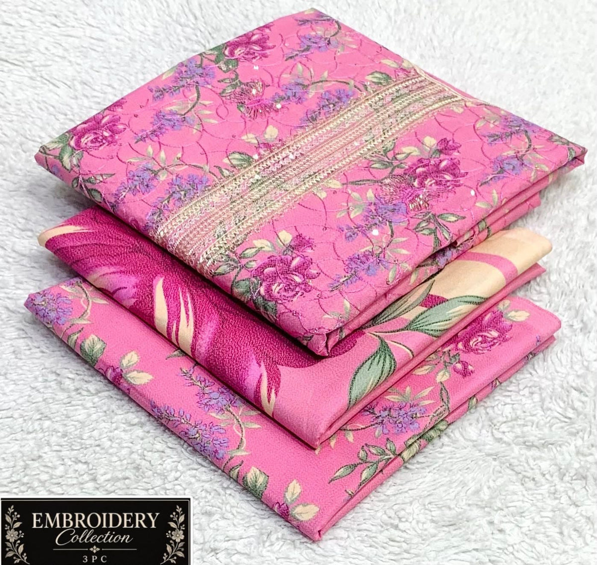 Printed Dhanak with Neckline Embroidery - 3-Piece Unstitched Collection; Pink Rose, actual fabric and design detail.