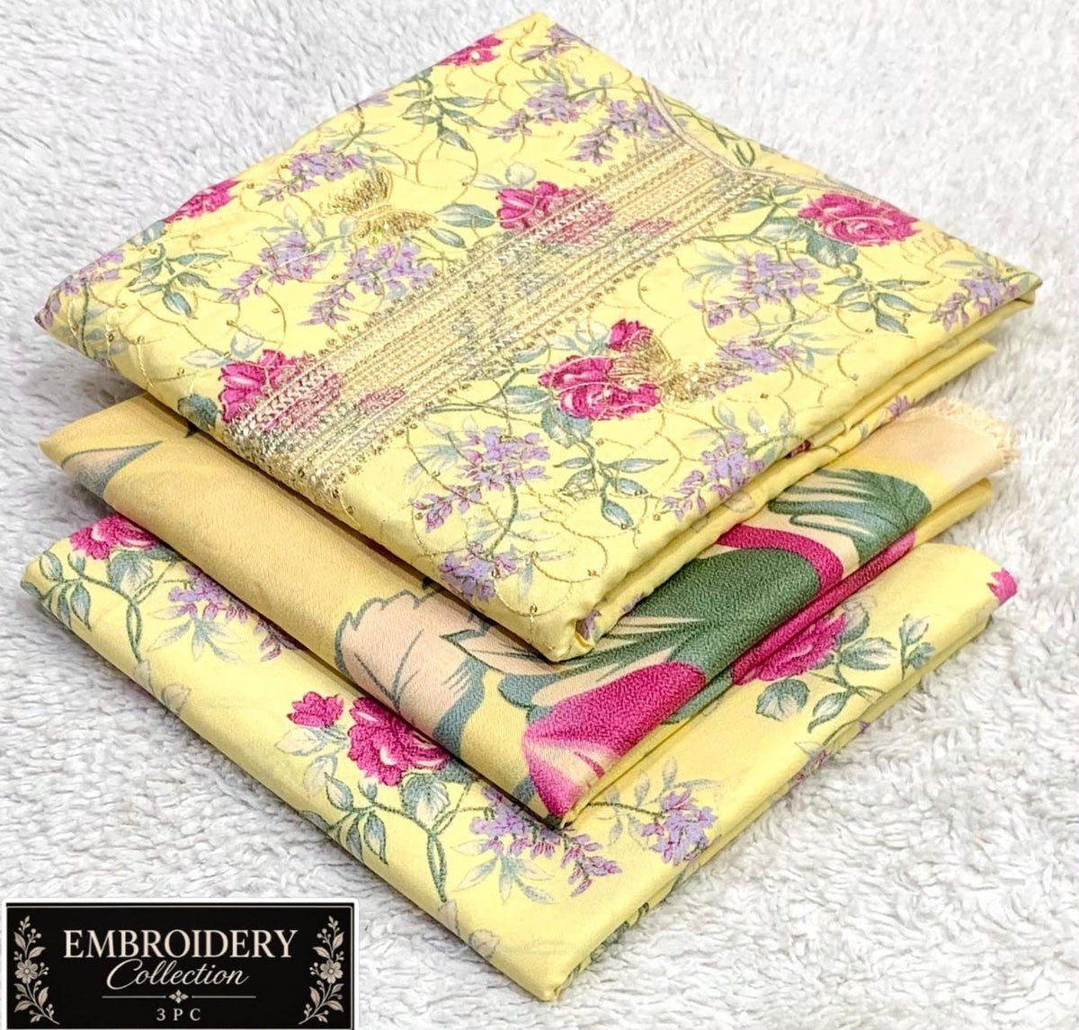 Printed Dhanak with Neckline Embroidery - 3-Piece Unstitched Collection; Yellow Rose, actual fabric and design detail.