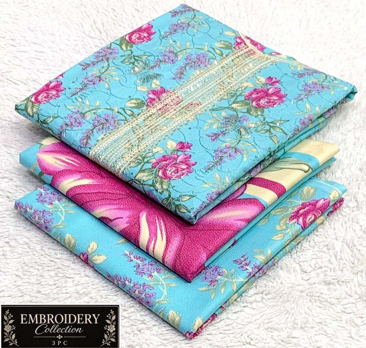 Printed Dhanak with Neckline Embroidery - 3-Piece Unstitched Collection; Aqua Rose, actual fabric and design detail.