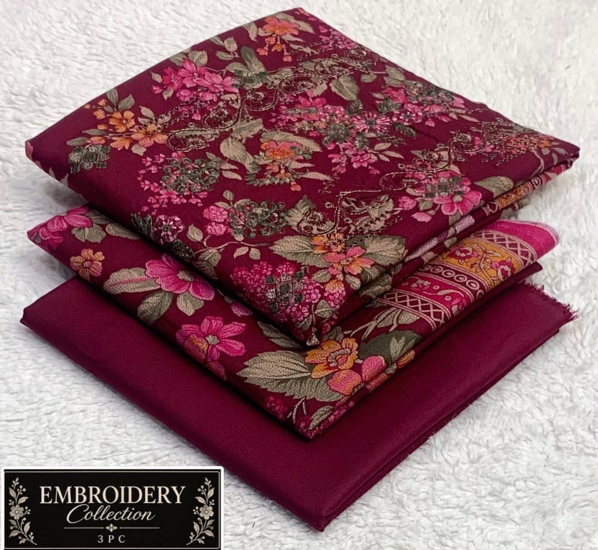 Printed Dhanak with Neckline Embroidery - 3-Piece Unstitched Collection; Burgundy Floral, actual fabric and design detail.