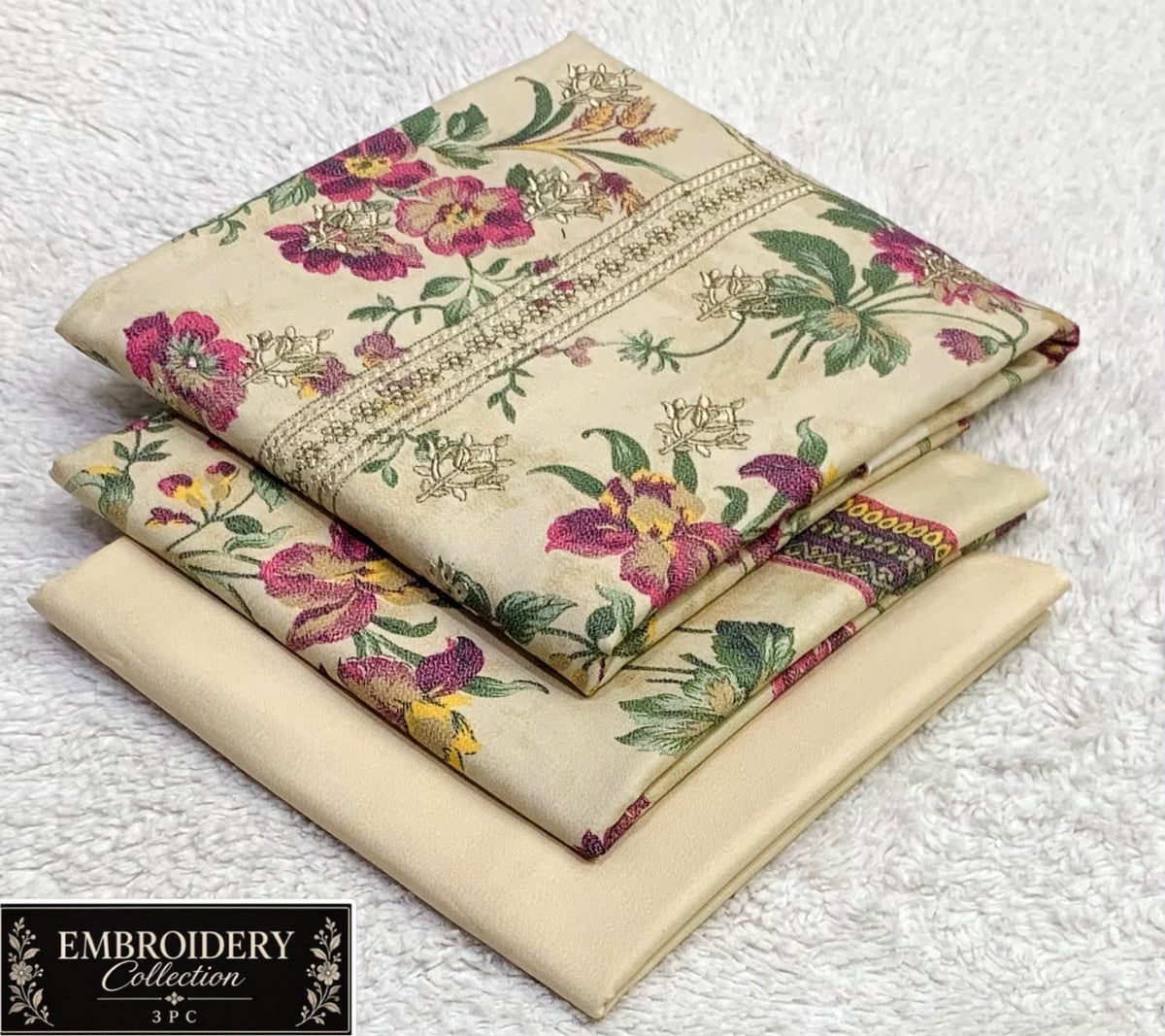 Printed Dhanak with Neckline Embroidery - 3-Piece Unstitched Collection; Cream Botanical, actual fabric and design detail.
