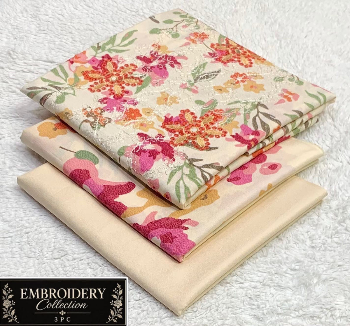Printed Dhanak with Neckline Embroidery - 3-Piece Unstitched Collection; Cream Rose, actual fabric and design detail.