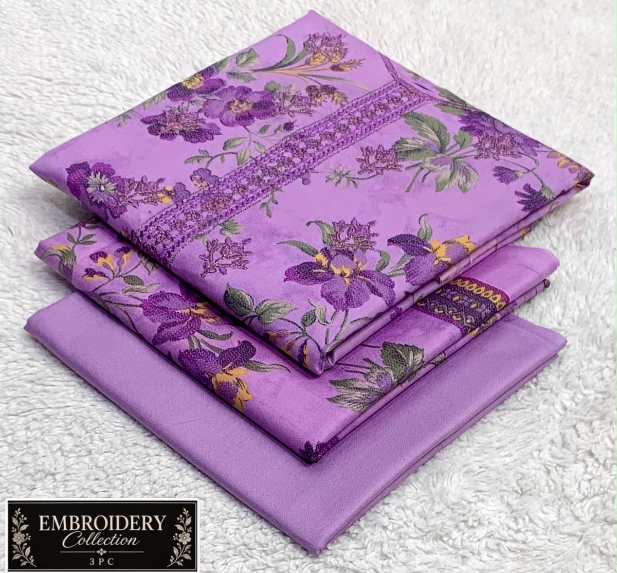 Printed Dhanak with Neckline Embroidery - 3-Piece Unstitched Collection; Lilac Botanical, actual fabric and design detail.