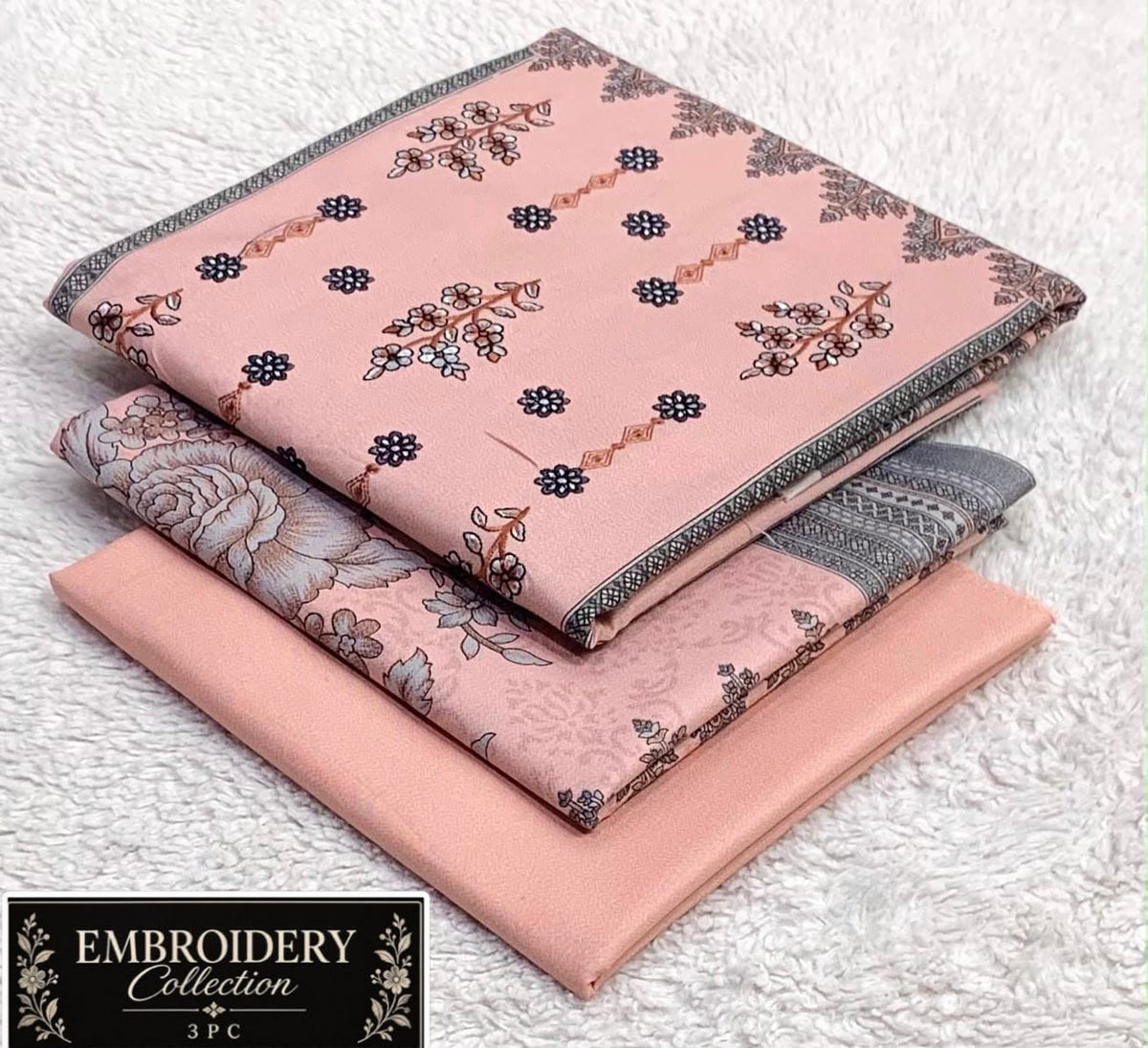 Printed Dhanak with Neckline Embroidery - 3-Piece Unstitched Collection; Blush Motif, actual fabric and design detail.