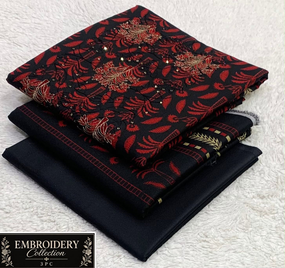 Printed Dhanak with Neckline Embroidery - 3-Piece Unstitched Collection; Black and Red Botanical, actual fabric and design detail.