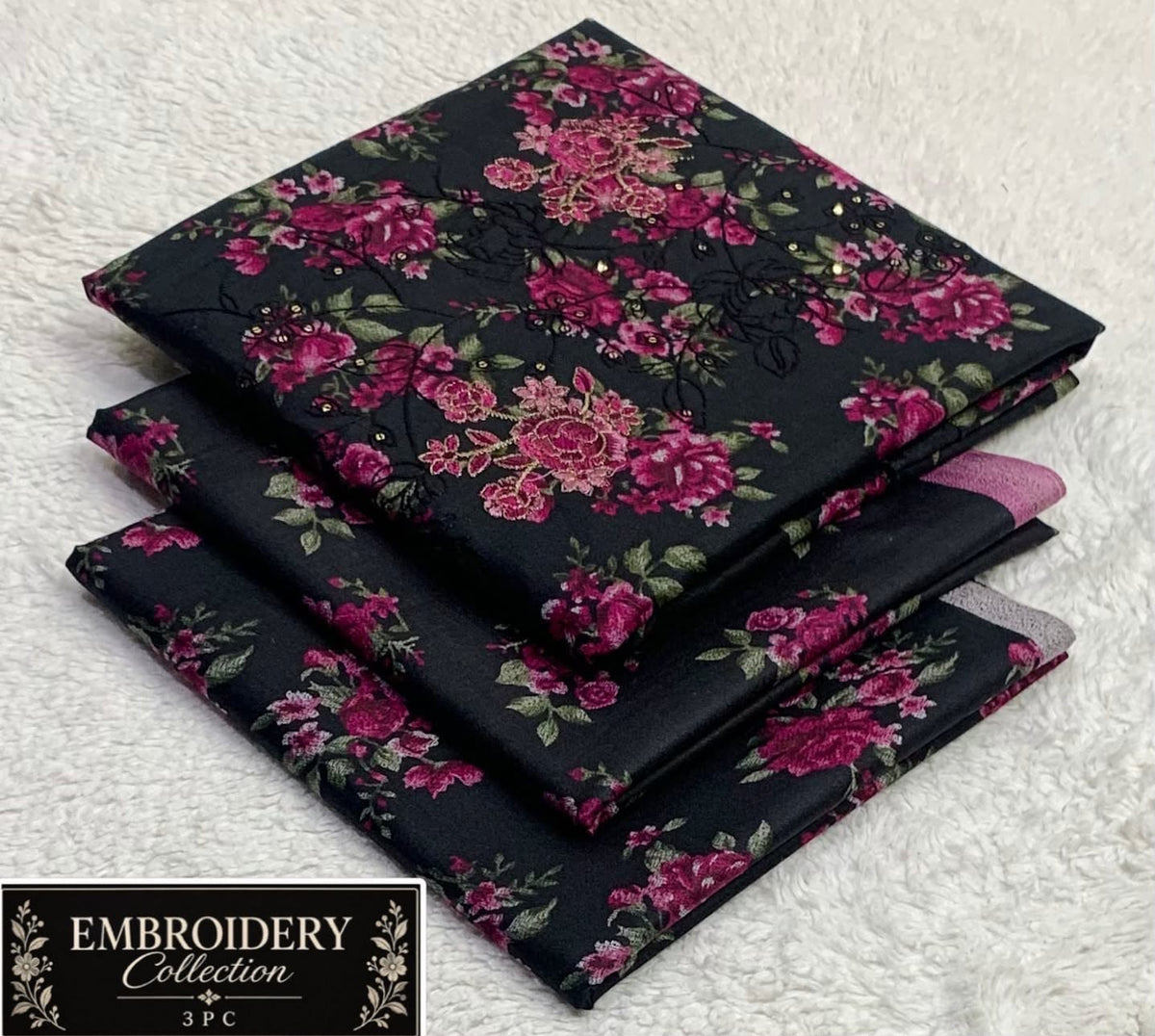 Printed Dhanak with Neckline Embroidery - 3-Piece Unstitched Collection; Black and Pink Floral, actual fabric and design detail.
