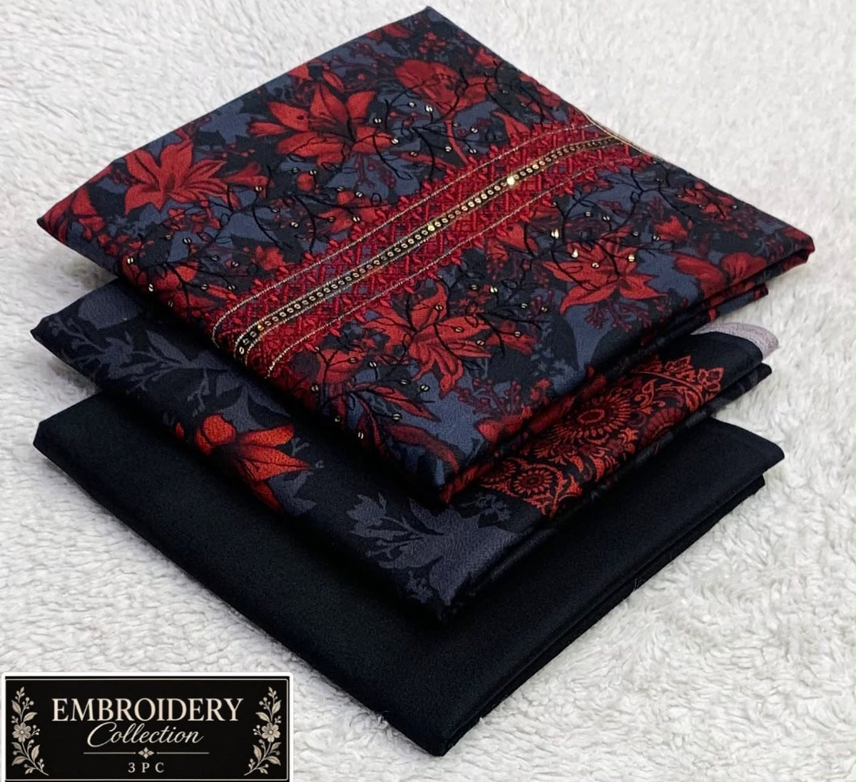 Printed Dhanak with Neckline Embroidery - 3-Piece Unstitched Collection; Navy and Red Floral, actual fabric and design detail.