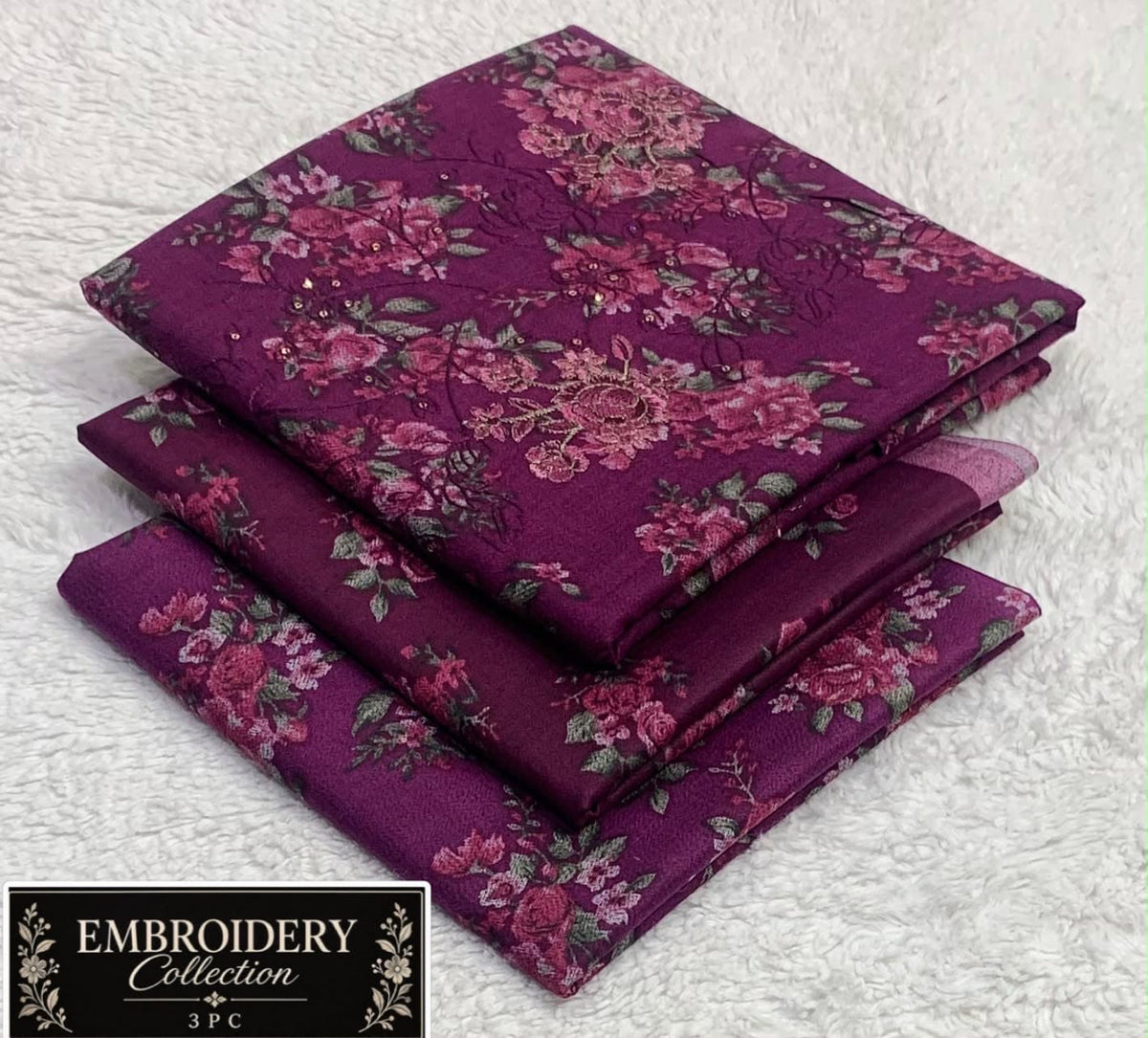 Printed Dhanak with Neckline Embroidery - 3-Piece Unstitched Collection; Berry Botanical, actual fabric and design detail.