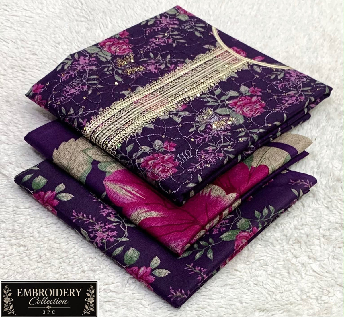 Printed Dhanak with Neckline Embroidery - 3-Piece Unstitched Collection; Purple Botanical, actual fabric and design detail.