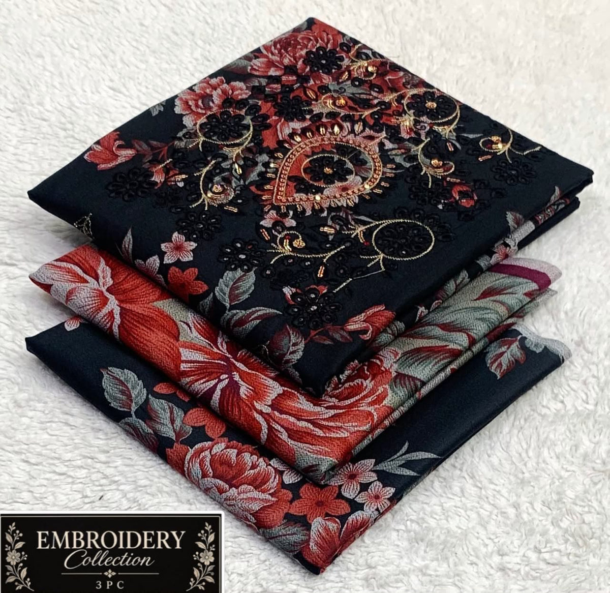 Printed Dhanak with Neckline Embroidery - 3-Piece Unstitched Collection; Black and Coral Floral, actual fabric and design detail.