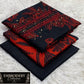 Printed Dhanak with Neckline Embroidery - 3-Piece Unstitched Collection; Black and Red Ornate, actual fabric and design detail.