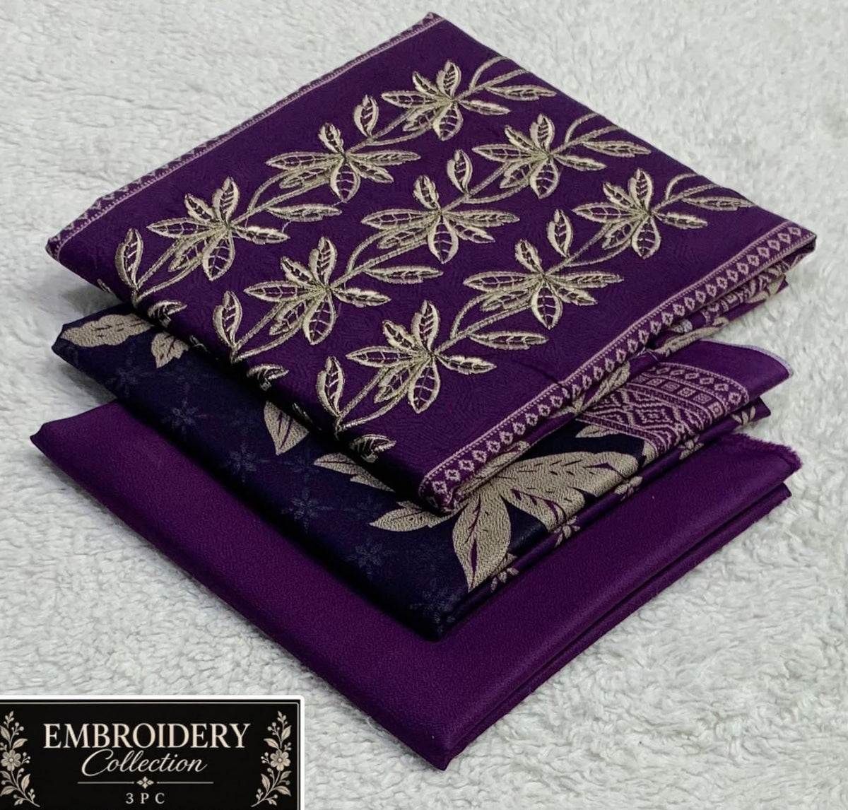 Printed Dhanak with Neckline Embroidery - 3-Piece Unstitched Collection; Purple Vine, actual fabric and design detail.