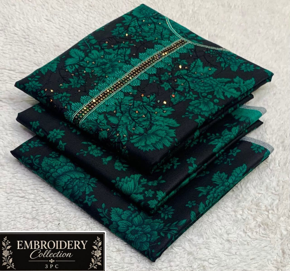 Printed Dhanak with Neckline Embroidery - 3-Piece Unstitched Collection; Emerald Botanical, actual fabric and design detail.