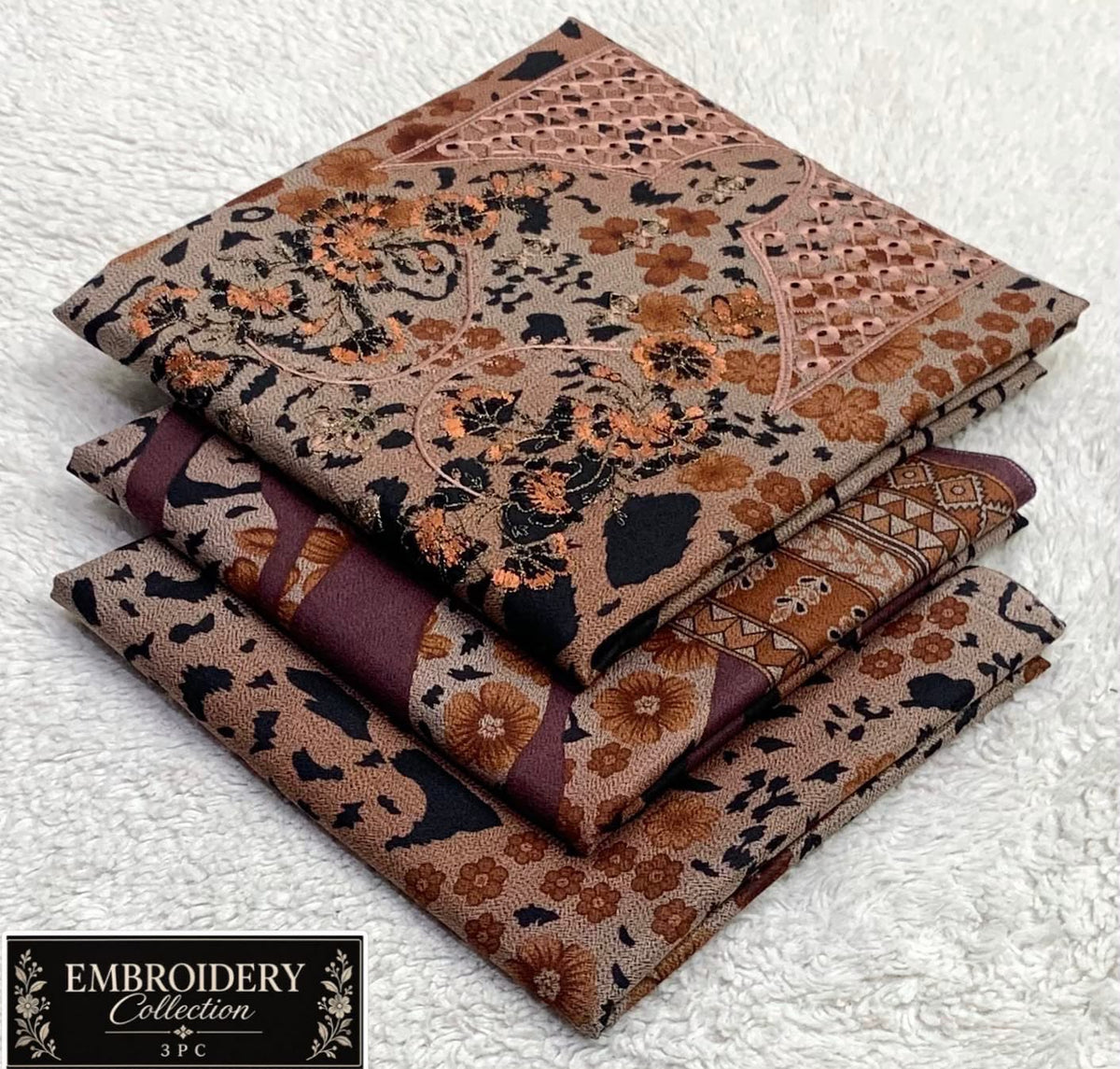 Printed Dhanak with Neckline Embroidery - 3-Piece Unstitched Collection; Beige Botanical, actual fabric and design detail.