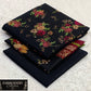 Printed Dhanak with Neckline Embroidery - 3-Piece Unstitched Collection; Black Wildflowers, actual fabric and design detail.