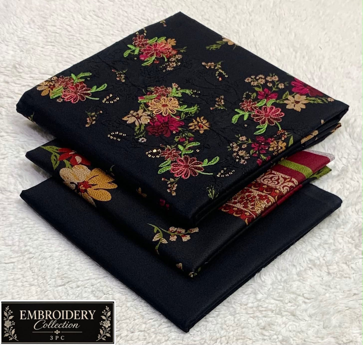 Printed Dhanak with Neckline Embroidery - 3-Piece Unstitched Collection; Black Wildflowers, actual fabric and design detail.