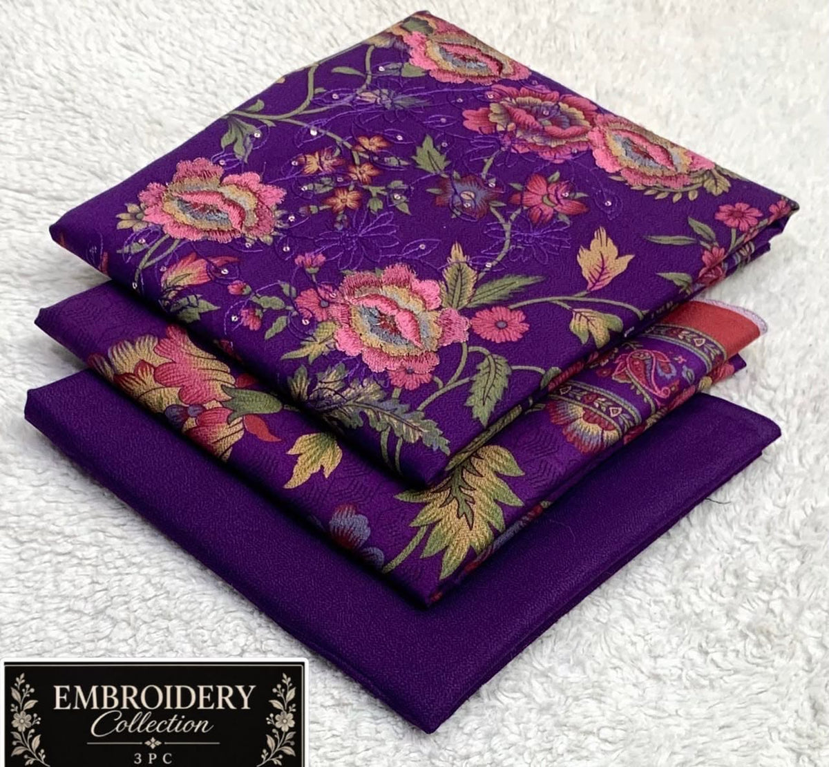Printed Dhanak with Neckline Embroidery - 3-Piece Unstitched Collection; Violet Leaf, actual fabric and design detail.