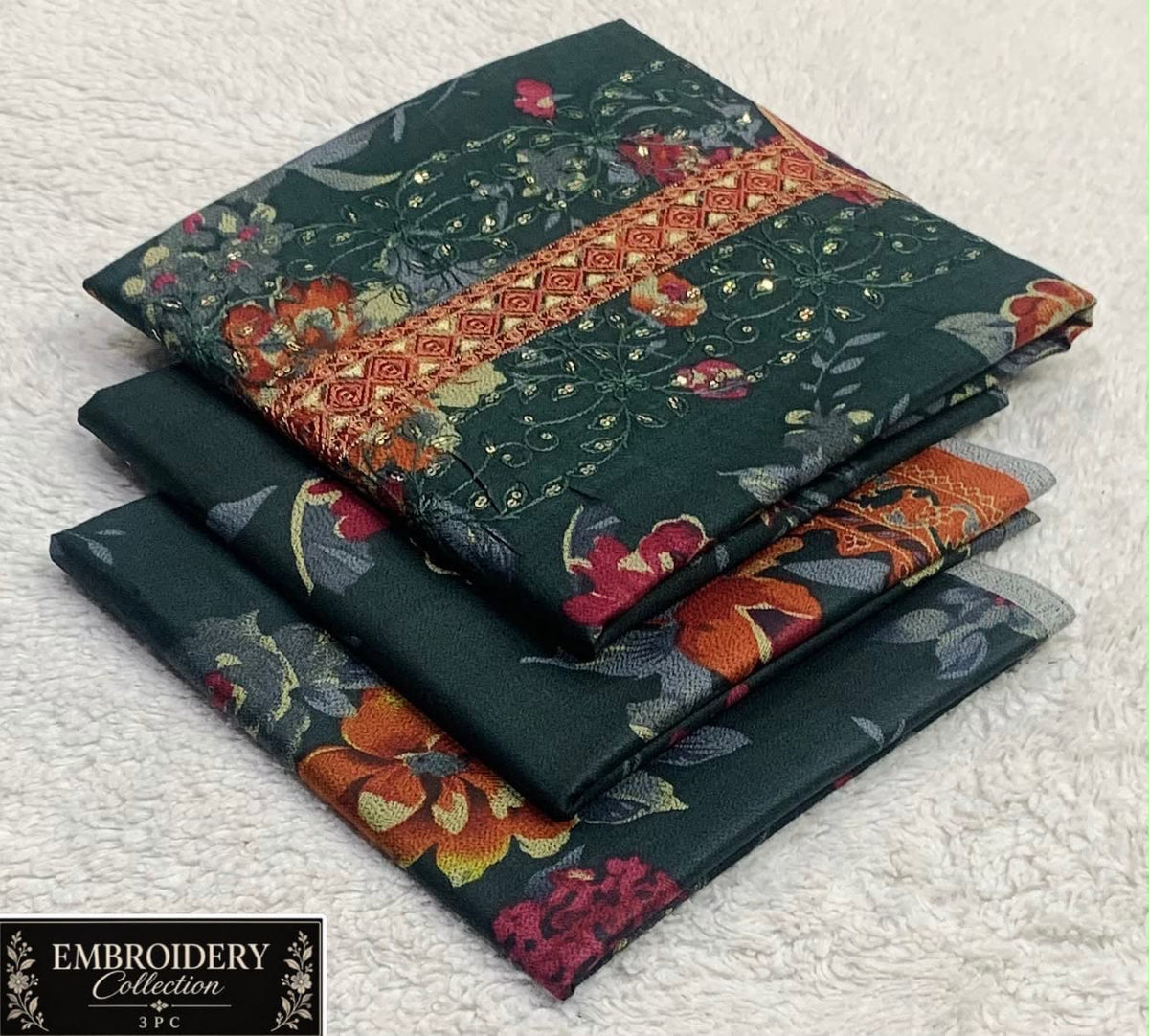Printed Dhanak with Neckline Embroidery - 3-Piece Unstitched Collection; Deep Teal Floral, actual fabric and design detail.