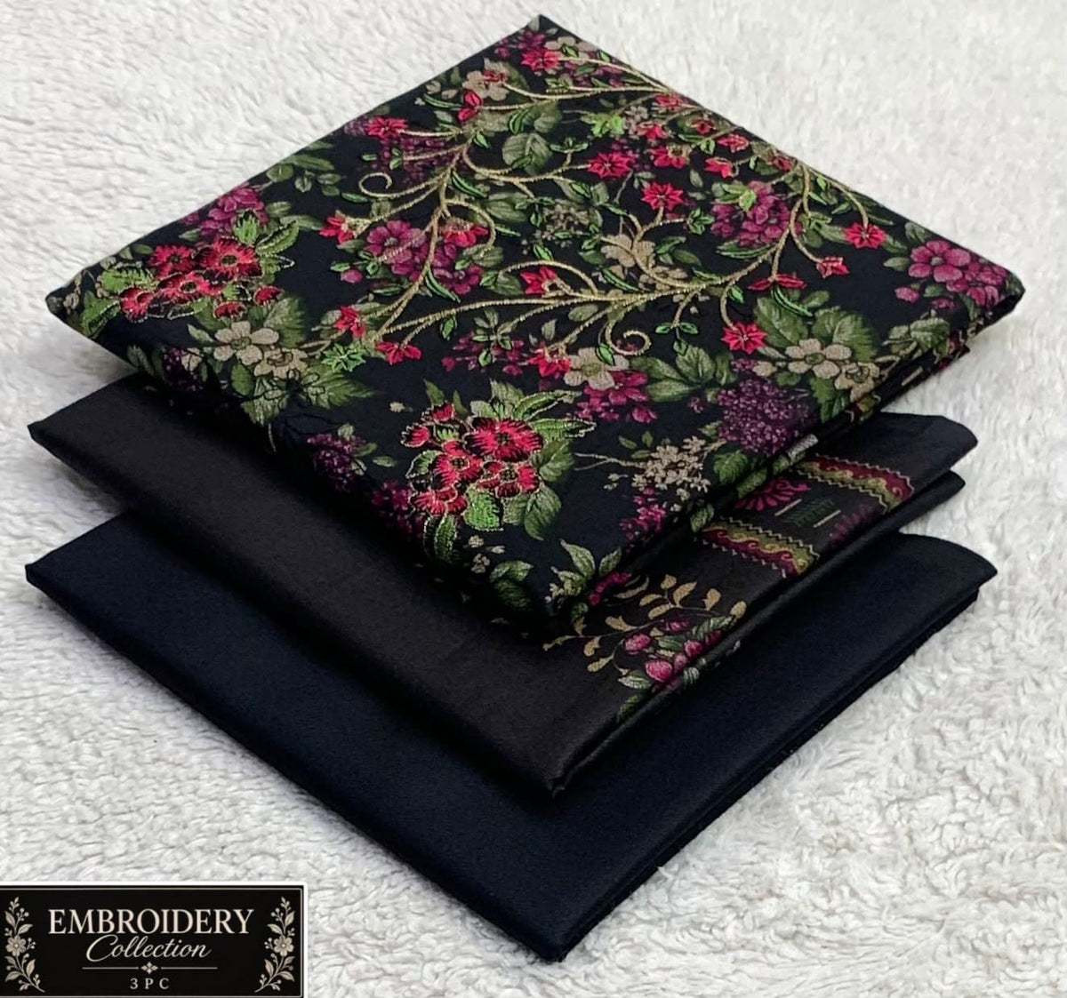 Printed Dhanak with Neckline Embroidery - 3-Piece Unstitched Collection; Black and Pink Botanical, actual fabric and design detail.