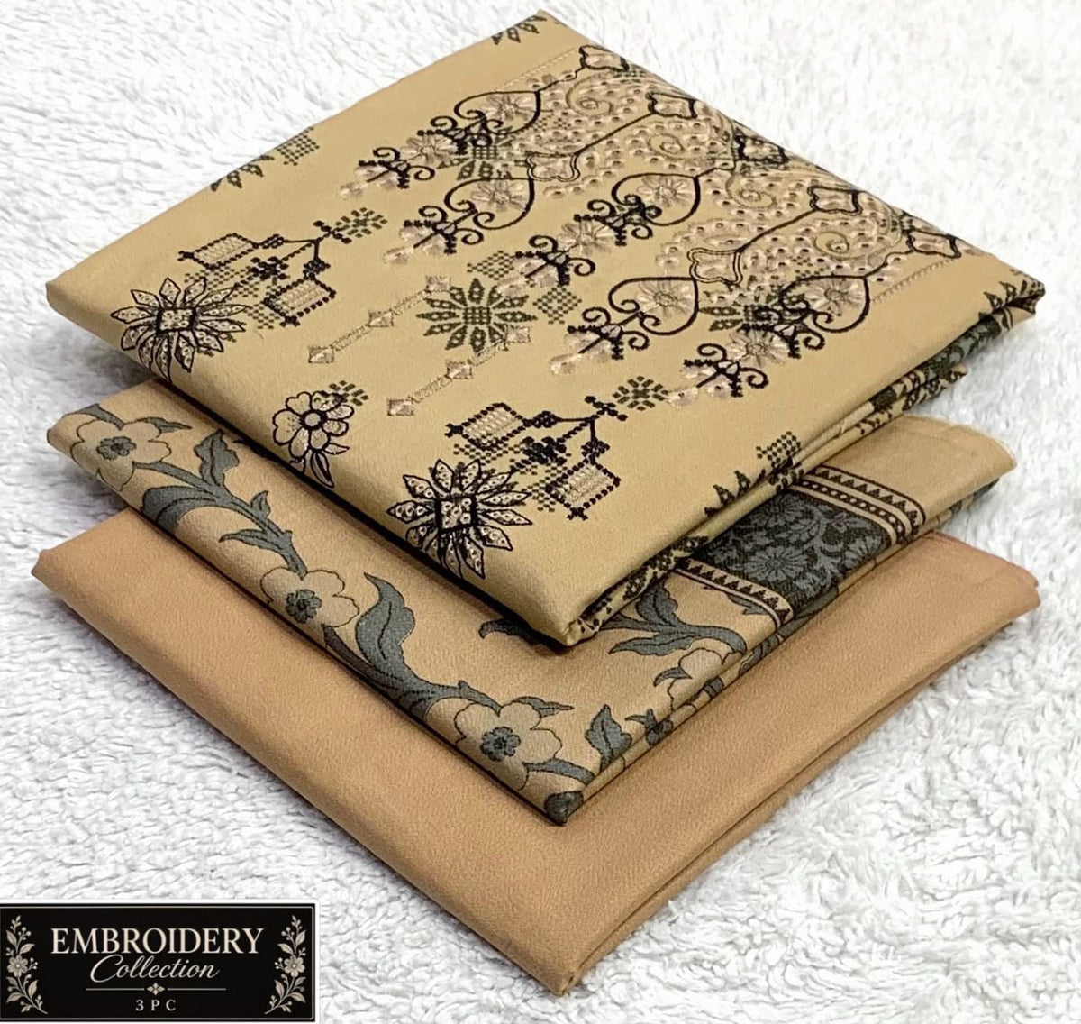 Printed Dhanak with Neckline Embroidery - 3-Piece Unstitched Collection; Cream and Black Botanical, actual fabric and design detail.