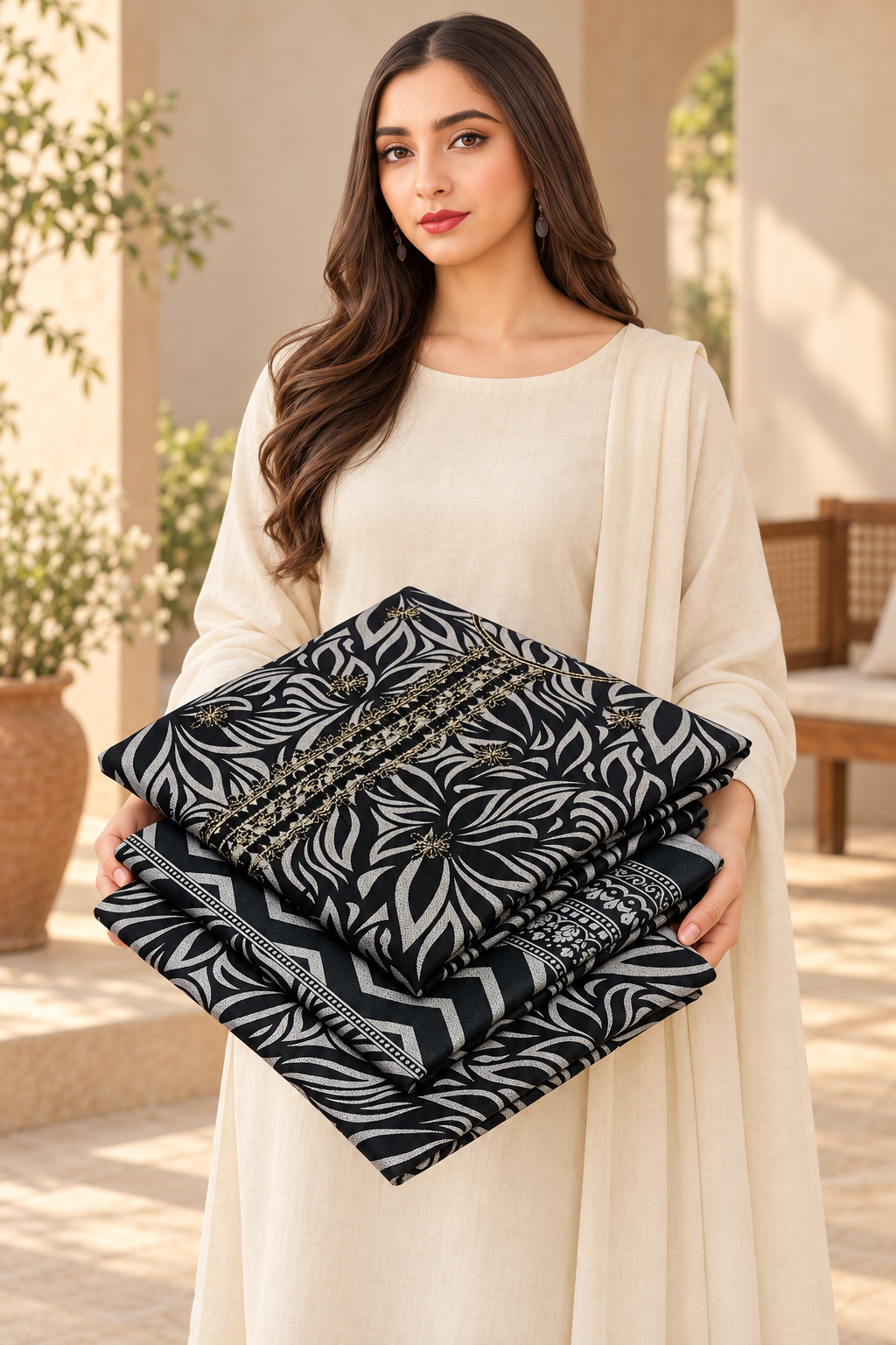 Woman holding the black and ivory embroidered Dhanak unstitched fabric set.