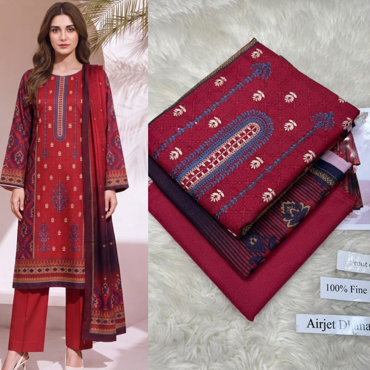 Panel Embroidered Dhanak - 3-Piece Unstitched Collection; Ruby Motif, model and fabric view.