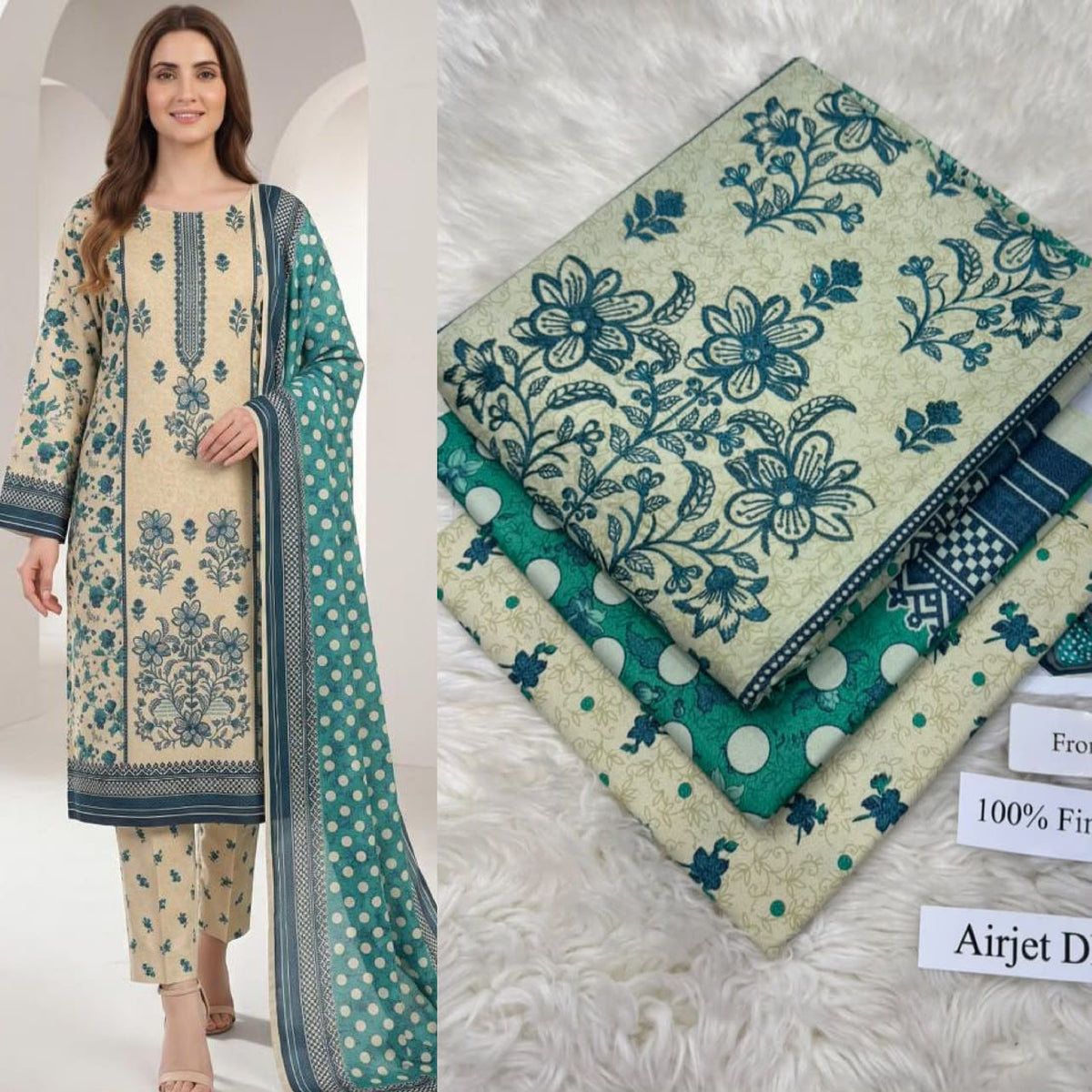 Panel Embroidered Dhanak - 3-Piece Unstitched Collection; Ivory and Teal Botanical, model and fabric view.