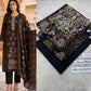 Panel Embroidered Dhanak - 3-Piece Unstitched Collection; Black and Gold Paisley, model and fabric view.