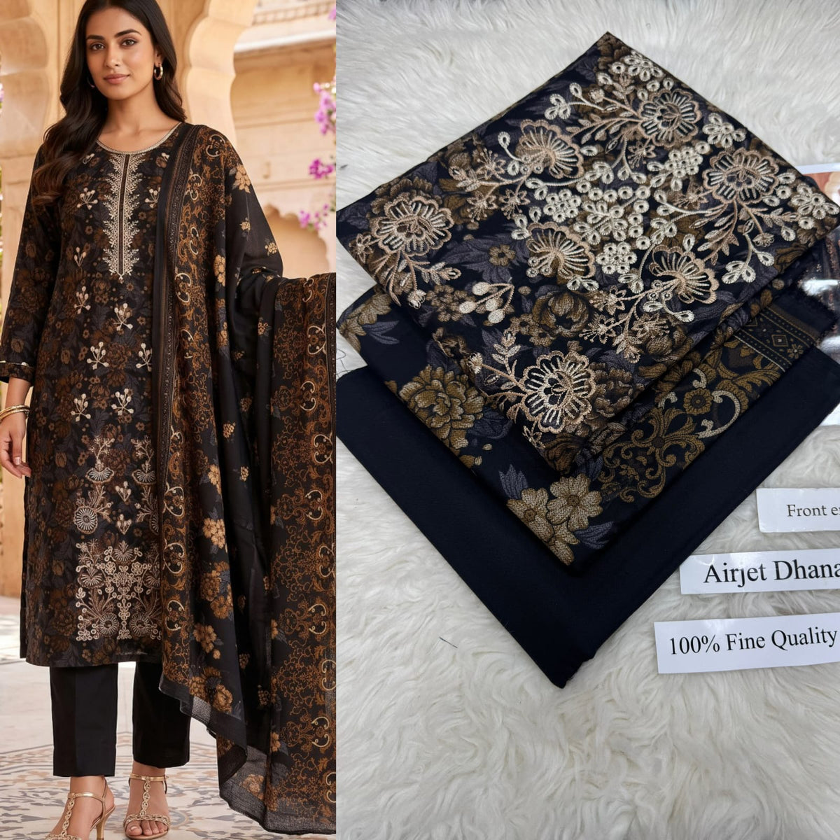 Panel Embroidered Dhanak - 3-Piece Unstitched Collection; Black and Gold Paisley, model and fabric view.