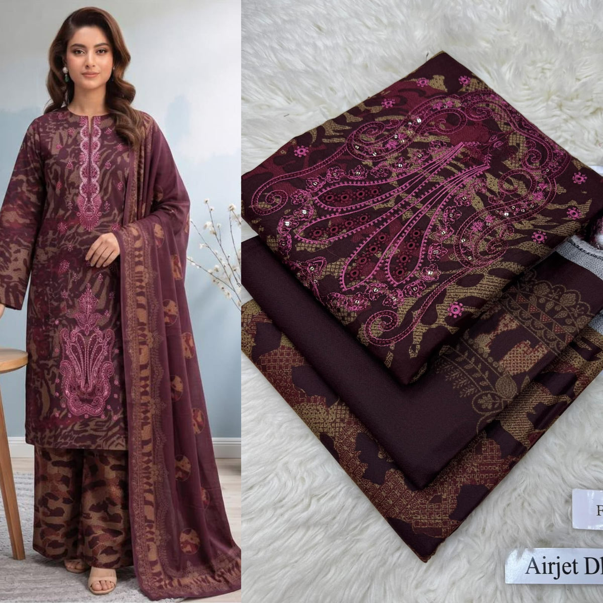 Panel Embroidered Dhanak - 3-Piece Unstitched Collection; Plum Botanical, model and fabric view.