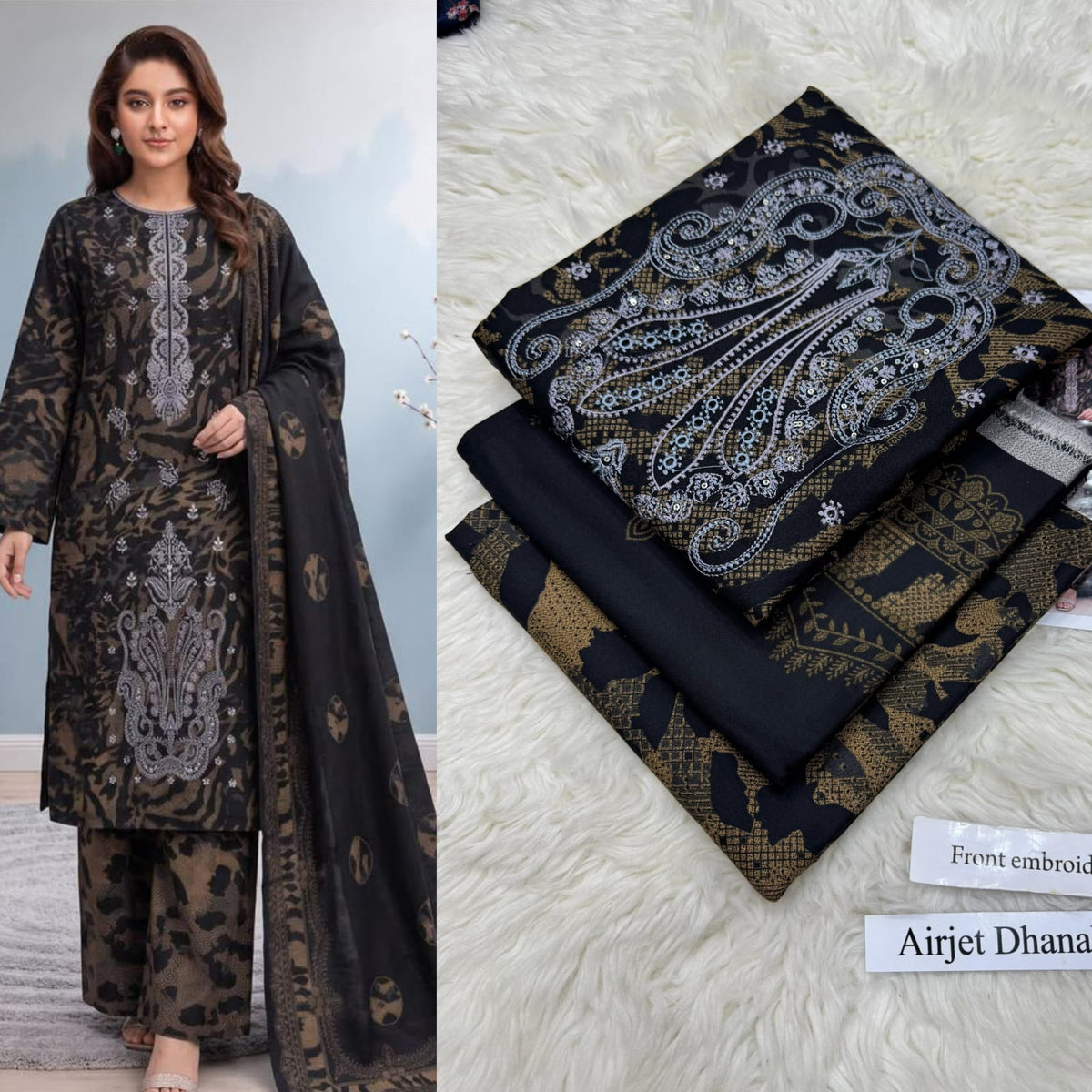 Panel Embroidered Dhanak - 3-Piece Unstitched Collection; Black and Ivory Paisley, model and fabric view.