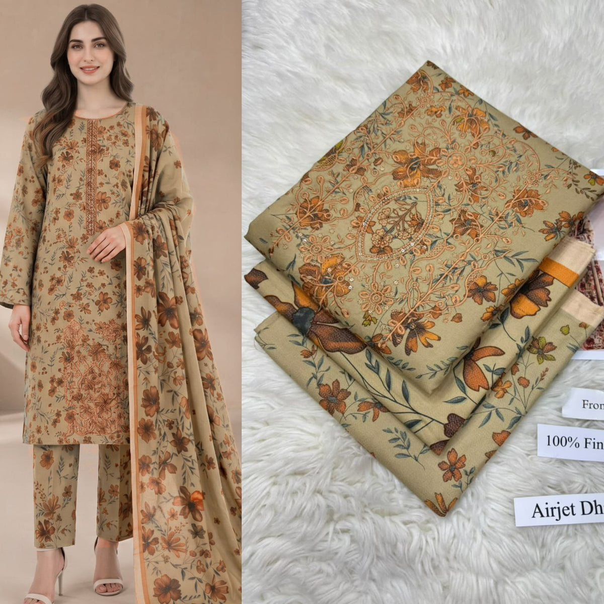Panel Embroidered Dhanak - 3-Piece Unstitched Collection; Beige Floral, model and fabric view.