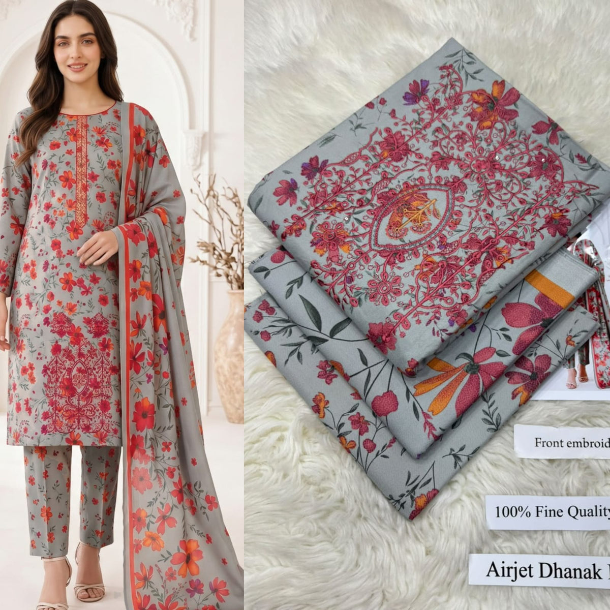 Panel Embroidered Dhanak - 3-Piece Unstitched Collection; Sage and Coral Floral, model and fabric view.