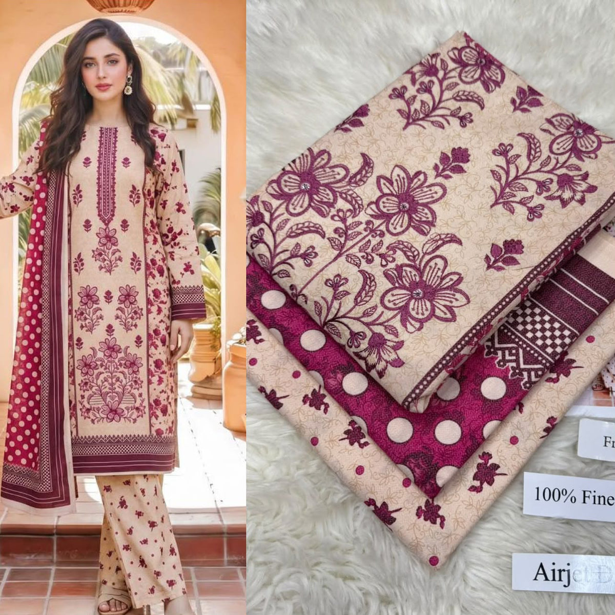 Panel Embroidered Dhanak - 3-Piece Unstitched Collection; Ivory and Berry Botanical, model and fabric view.