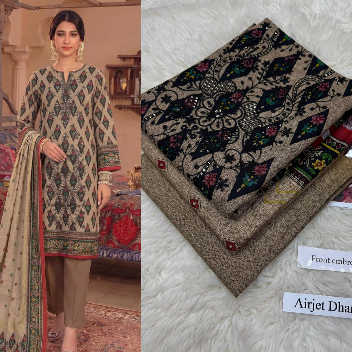 Panel Embroidered Dhanak - 3-Piece Unstitched Collection; Charcoal Diamond, model and fabric view.