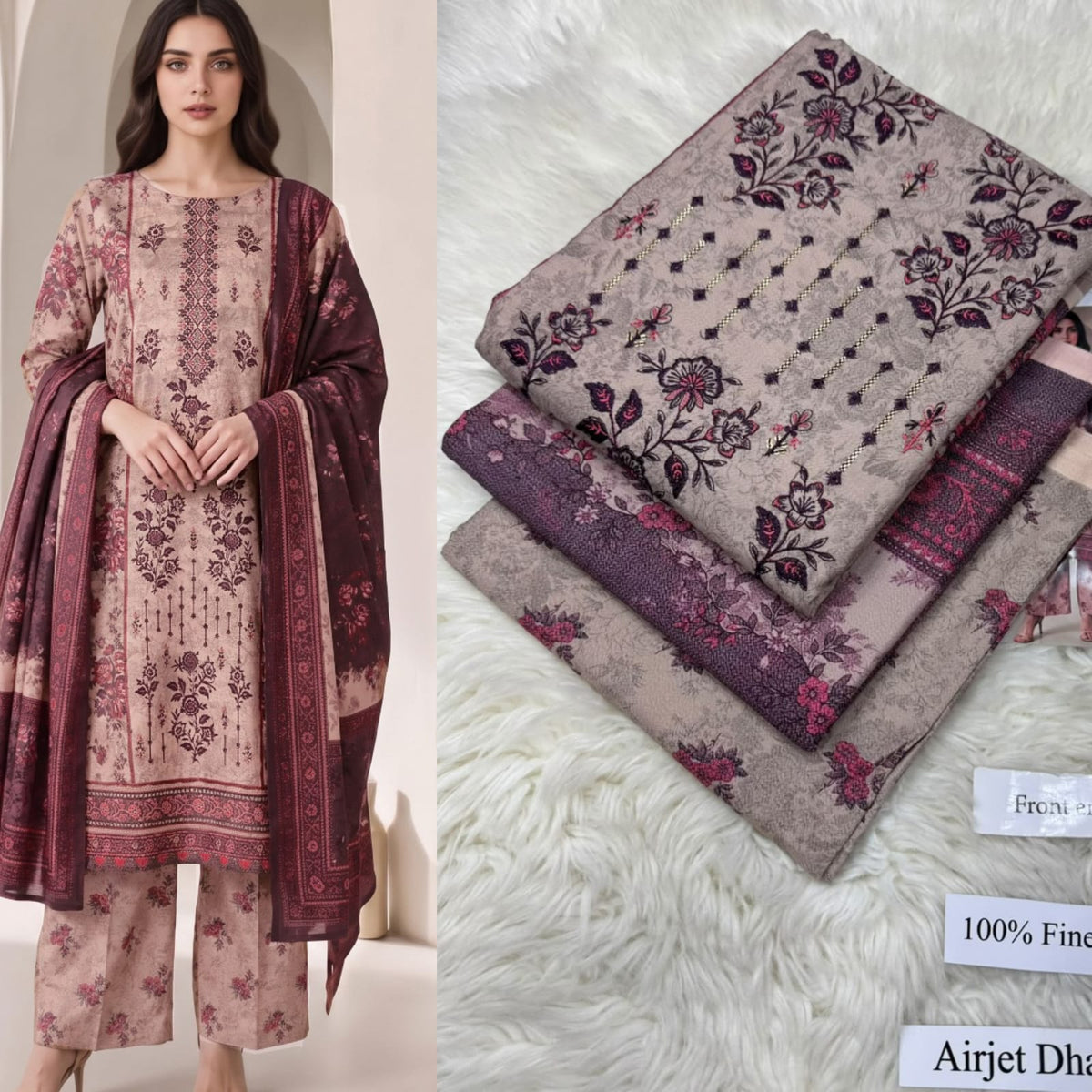 Panel Embroidered Dhanak - 3-Piece Unstitched Collection; Lilac Floral, model and fabric view.