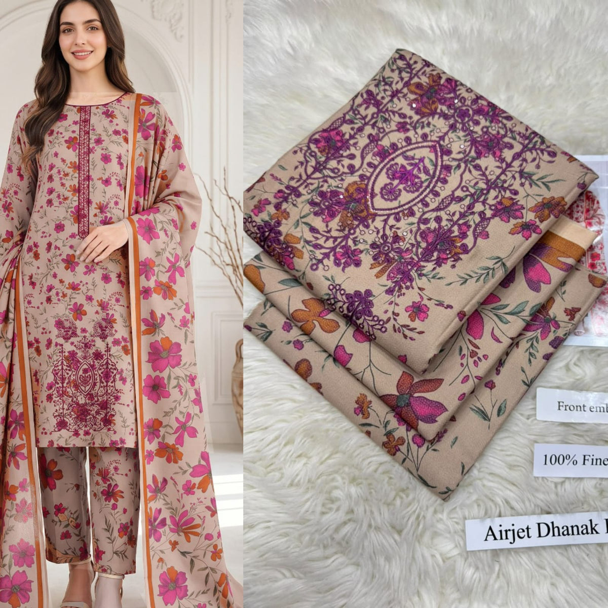 Panel Embroidered Dhanak - 3-Piece Unstitched Collection; Butter Yellow Floral, model and fabric view.