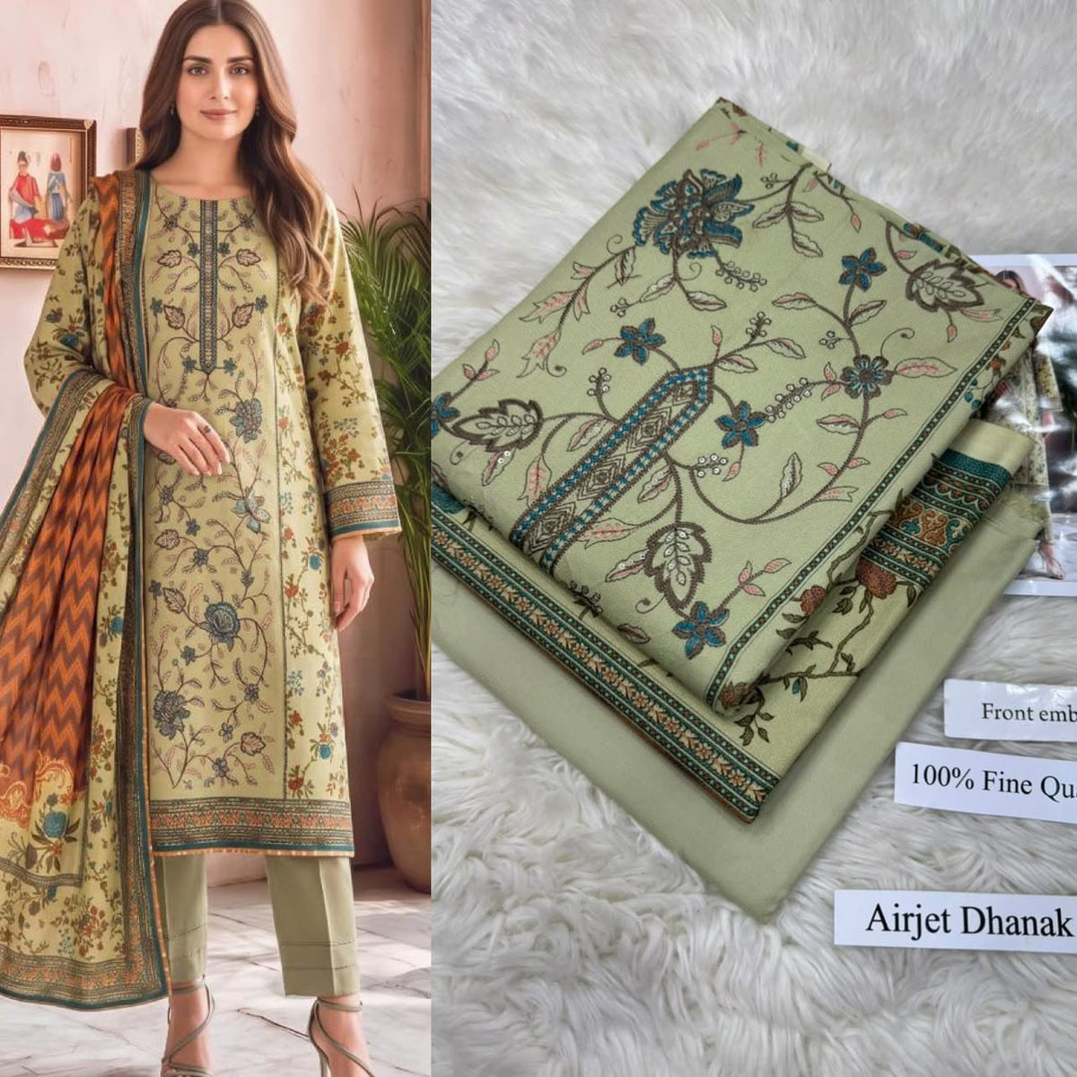 Panel Embroidered Dhanak - 3-Piece Unstitched Collection; Sage Botanical, model and fabric view.
