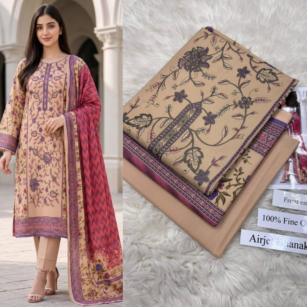 Panel Embroidered Dhanak - 3-Piece Unstitched Collection; Blush and Lilac Floral, model and fabric view.
