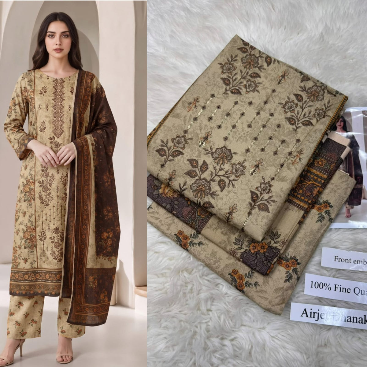 Panel Embroidered Dhanak - 3-Piece Unstitched Collection; Taupe Floral, model and fabric view.