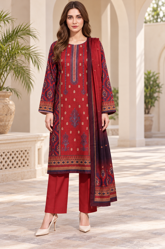 Front styling view of the ruby panel-embroidered Dhanak article.