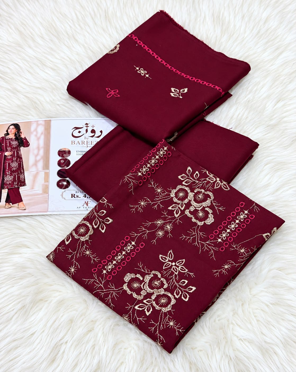 Classic Floral Embroidered Dhanak - 3-Piece Unstitched Collection; Burgundy, actual fabric and design detail.