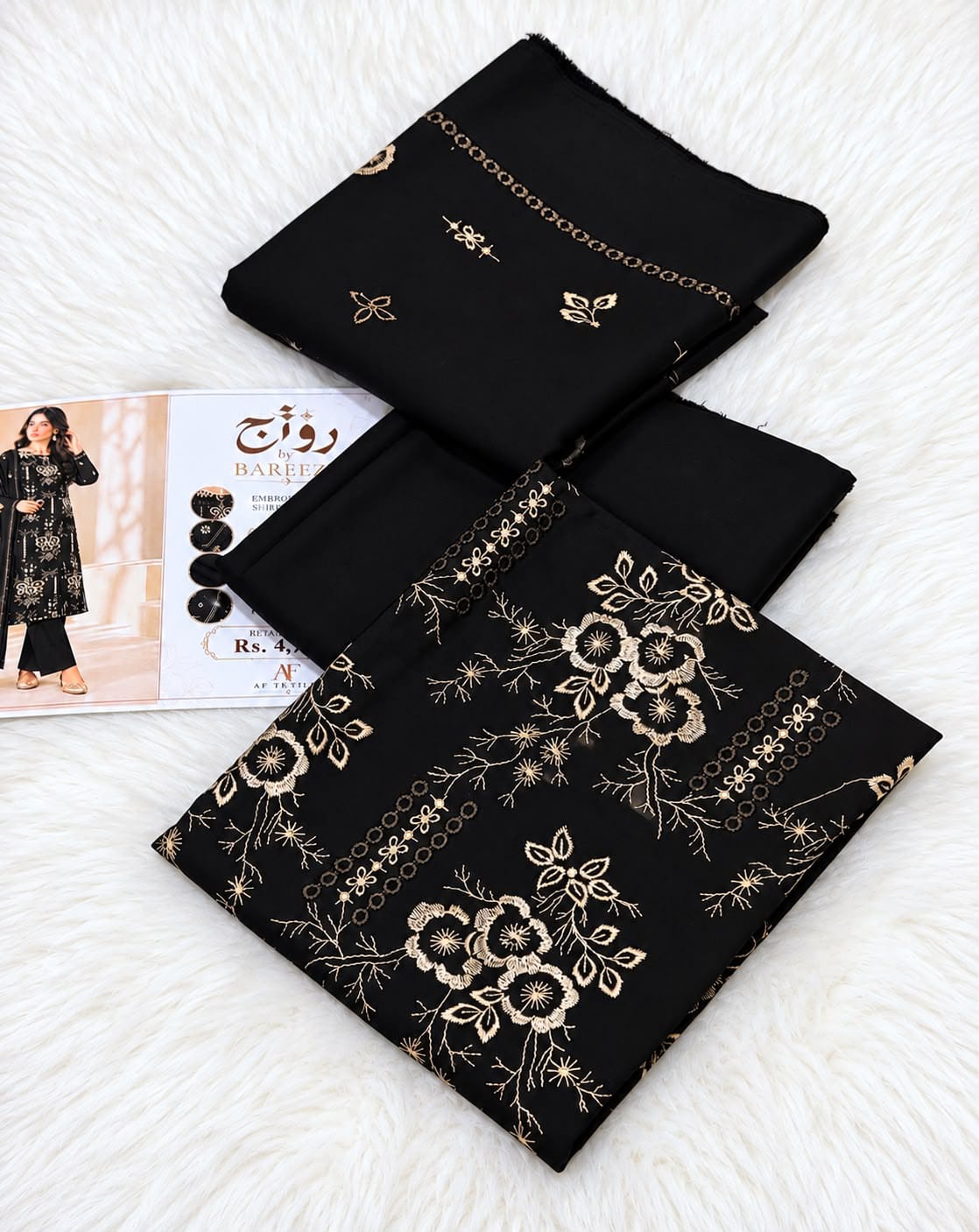 Classic Floral Embroidered Dhanak - 3-Piece Unstitched Collection; Black, actual fabric and design detail.