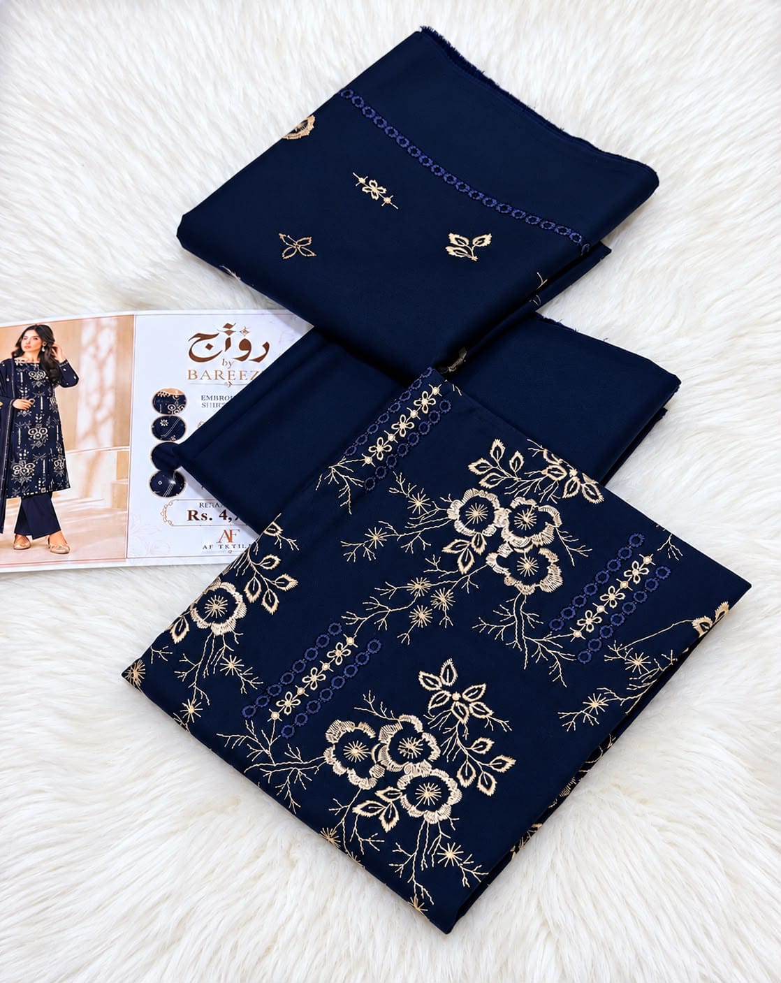 Classic Floral Embroidered Dhanak - 3-Piece Unstitched Collection; Navy, actual fabric and design detail.