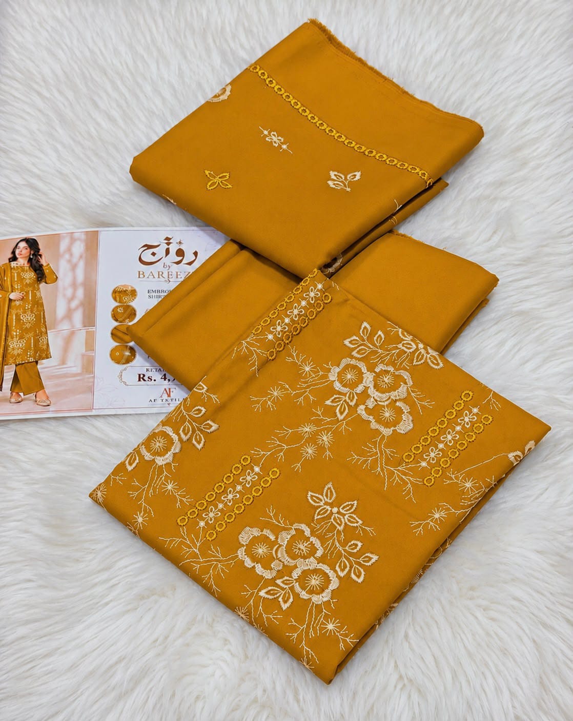 Classic Floral Embroidered Dhanak - 3-Piece Unstitched Collection; Mustard, actual fabric and design detail.