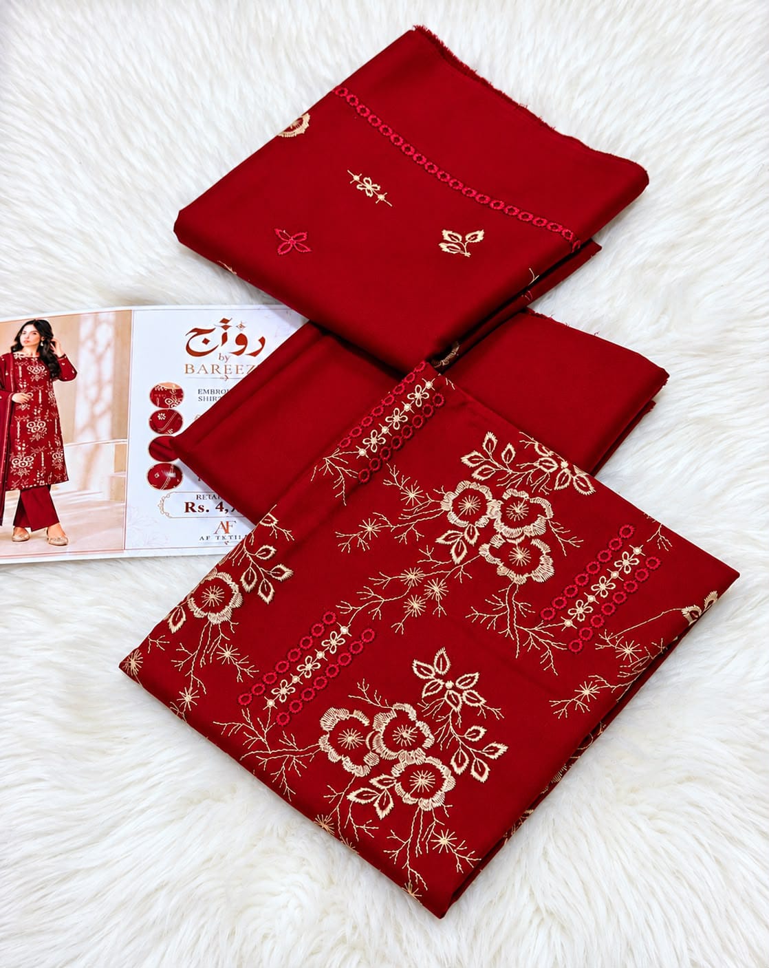 Classic Floral Embroidered Dhanak - 3-Piece Unstitched Collection; Red, actual fabric and design detail.