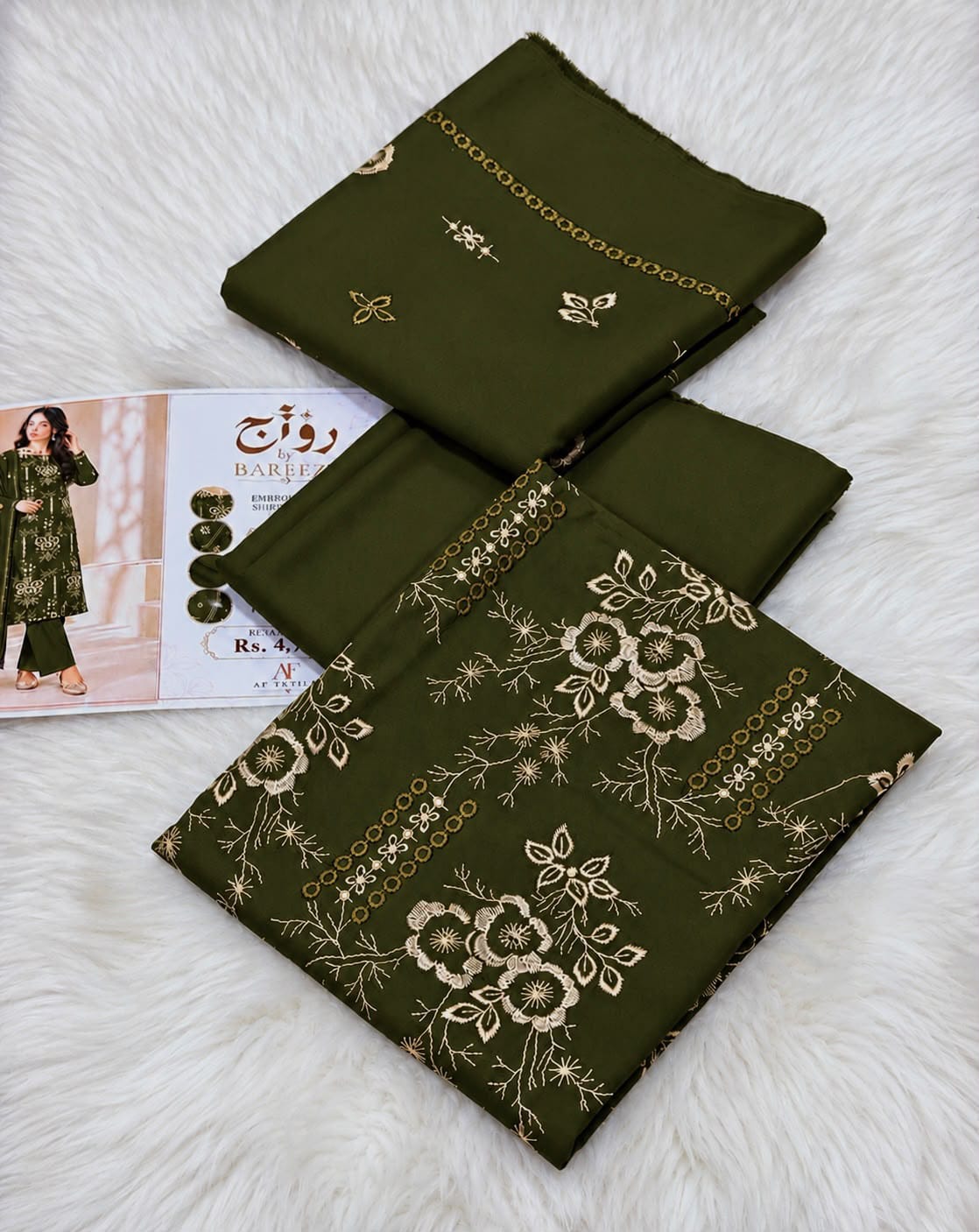 Classic Floral Embroidered Dhanak - 3-Piece Unstitched Collection; Olive, actual fabric and design detail.